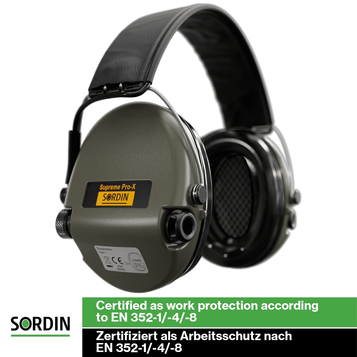 Sordin Supreme Pro-X Electronic Ear Muffs - Premium Olive Drab w/ Leather Headband & Gel Ear Pads - Active Hearing Protection & Enhancement (75302-X/L-G-S)