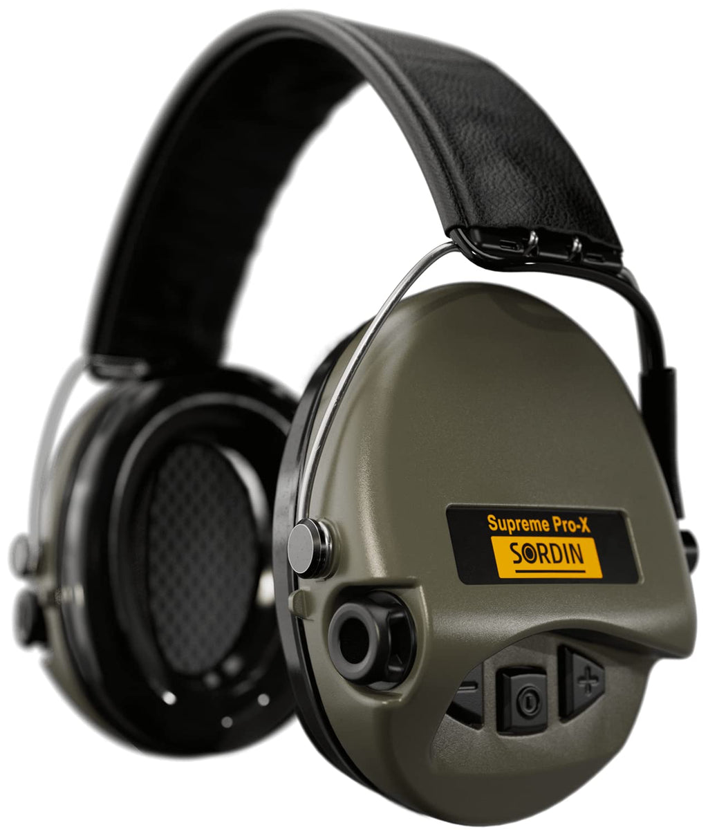 Sordin Supreme Pro-X Electronic Ear Muffs - Premium Olive Drab w/ Leather Headband & Gel Ear Pads - Active Hearing Protection & Enhancement (75302-X/L-G-S)