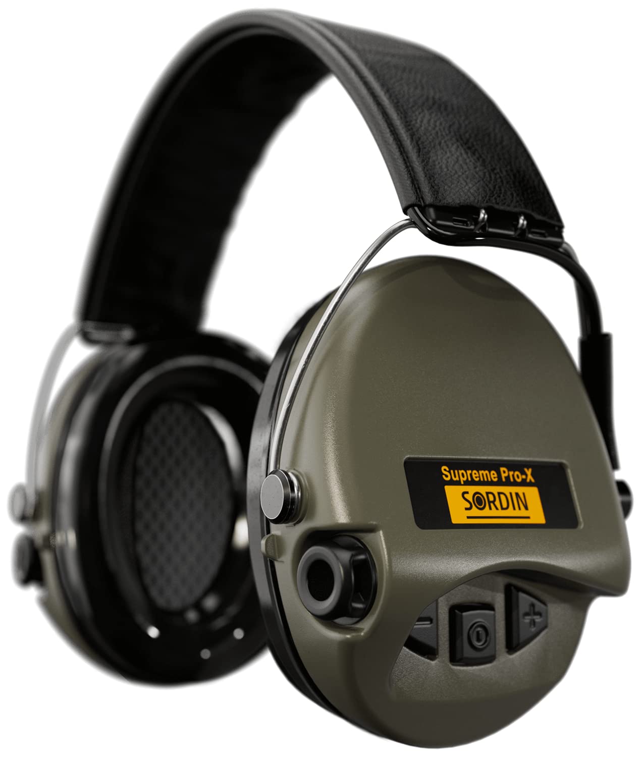 Sordin Supreme Pro-X Electronic Ear Muffs - Premium Olive Drab w/ Leather Headband & Gel Ear Pads - Active Hearing Protection & Enhancement (75302-X/L-G-S)