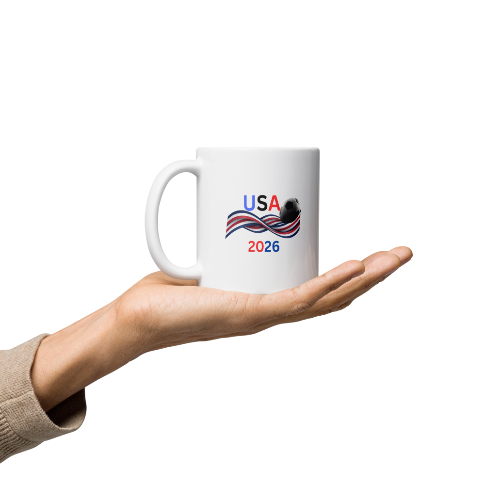 USA Soccer 2026 Patriotic Glossy Mug - Premium Ceramic Coffee Cup for Football Fans - 11oz & 15oz.