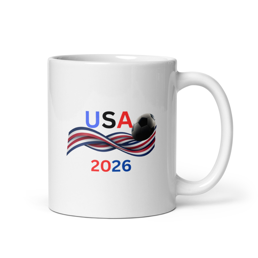 USA Soccer 2026 Patriotic Glossy Mug - Premium Ceramic Coffee Cup for Football Fans - 11oz & 15oz.