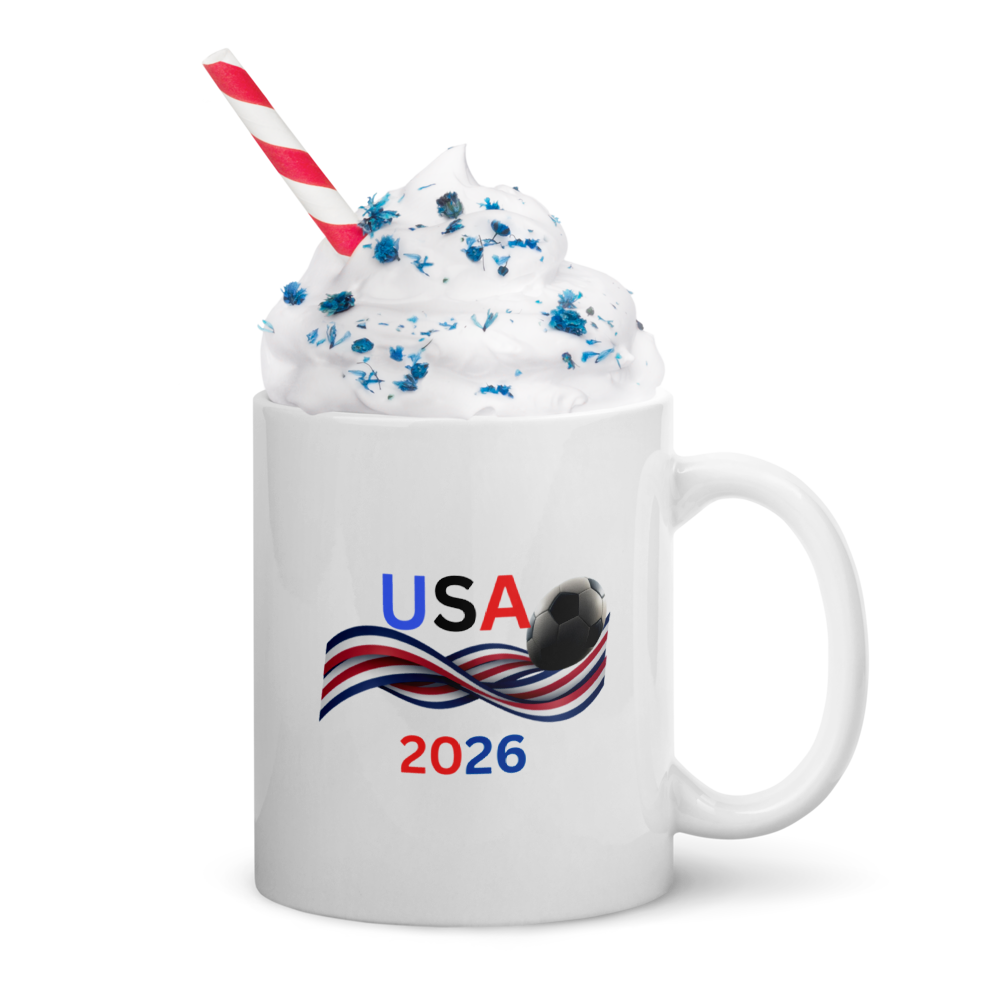 USA Soccer 2026 Patriotic Glossy Mug - Premium Ceramic Coffee Cup for Football Fans - 11oz & 15oz.
