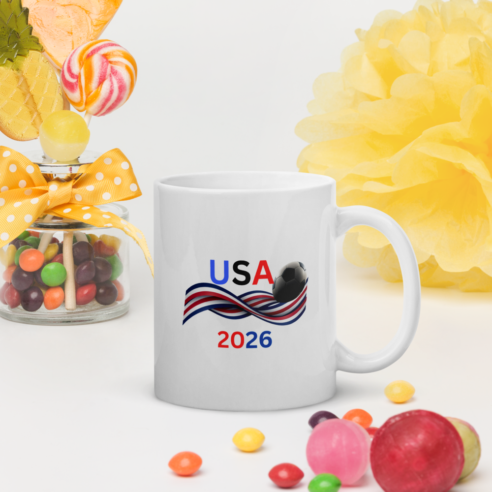 USA Soccer 2026 Patriotic Glossy Mug - Premium Ceramic Coffee Cup for Football Fans - 11oz & 15oz.