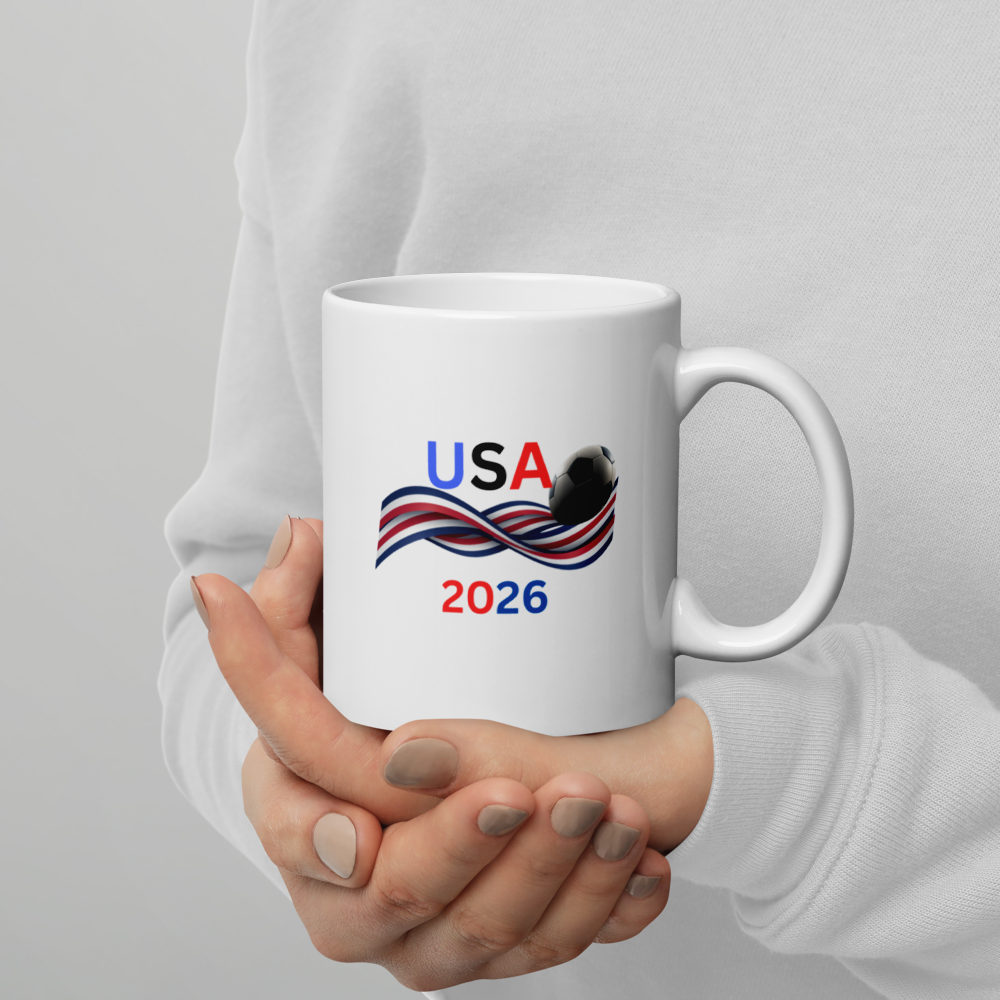 USA Soccer 2026 Patriotic Glossy Mug - Premium Ceramic Coffee Cup for Football Fans - 11oz & 15oz.